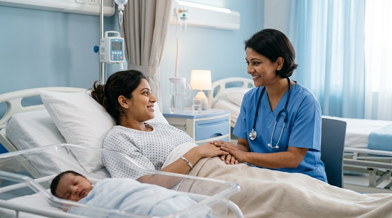 Doctor monitoring new mother for postpartum hemorrhage signs in hospital