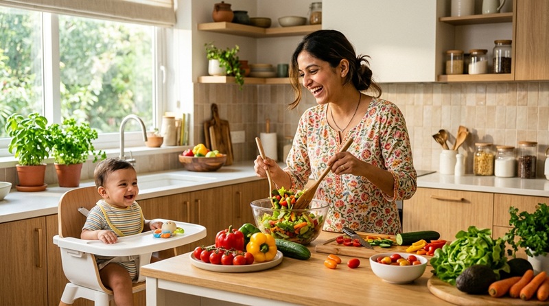 New mother preparing a healthy meal to safely lose weight after having a baby