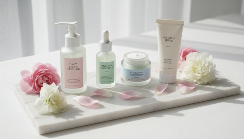 Natural skincare products arranged for a postpartum wellness routine