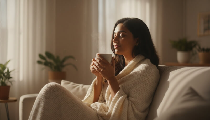 New mom enjoying a peaceful self-care moment with a cup of tea