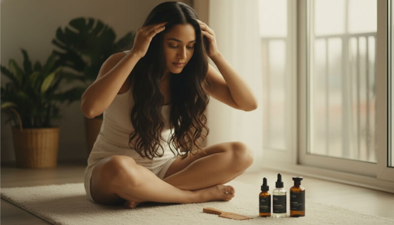 Woman applying natural hair oil treatment for postpartum hair loss recovery