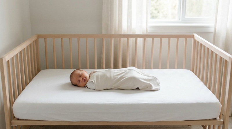 Newborn baby sleeping safely on back in the best recommended sleeping position