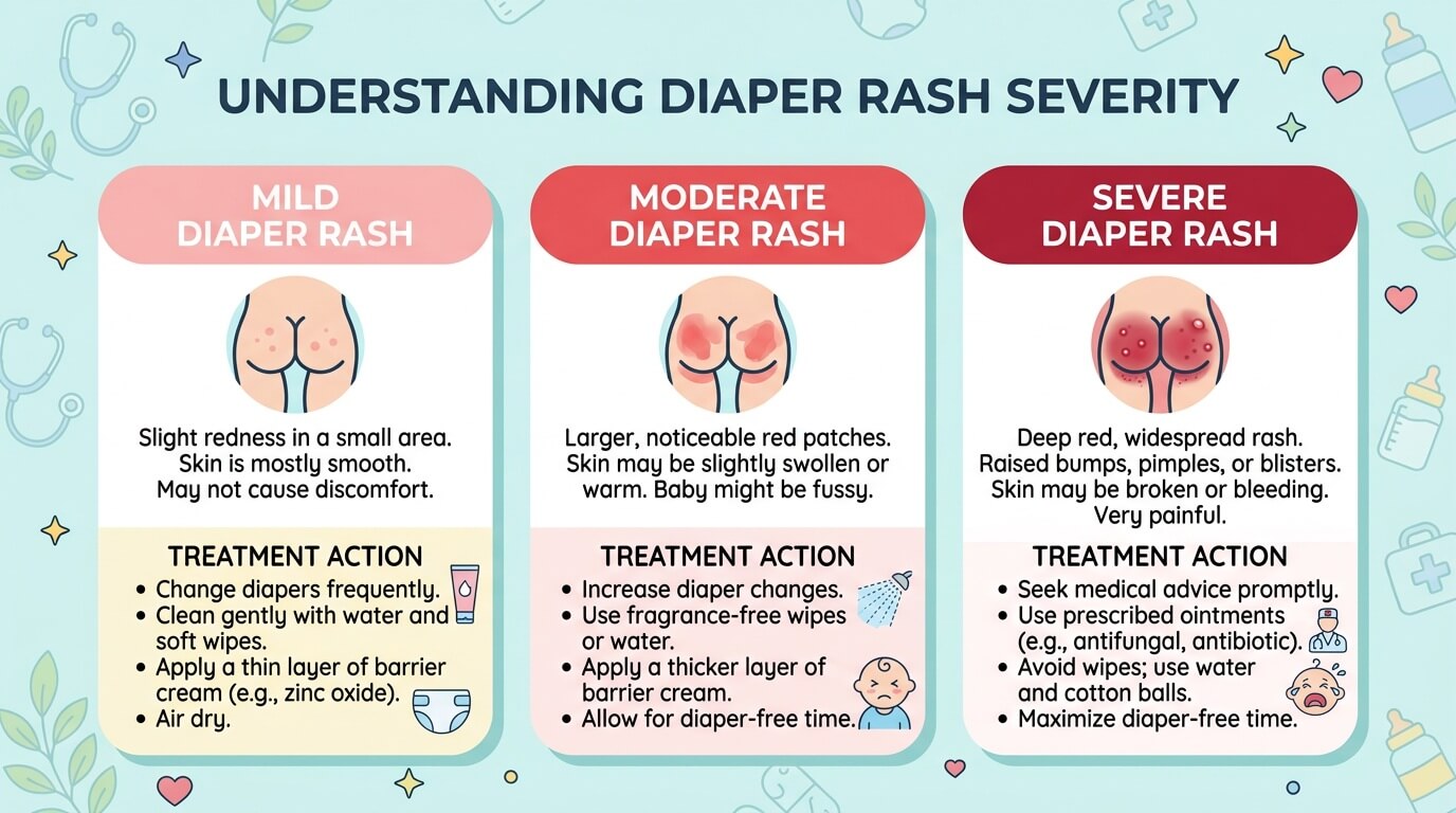 Diaper rash severity levels from mild redness to severe with treatment guidance
