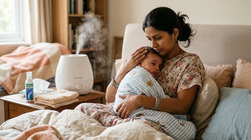 Baby with cold symptoms being comforted by mother with home remedies