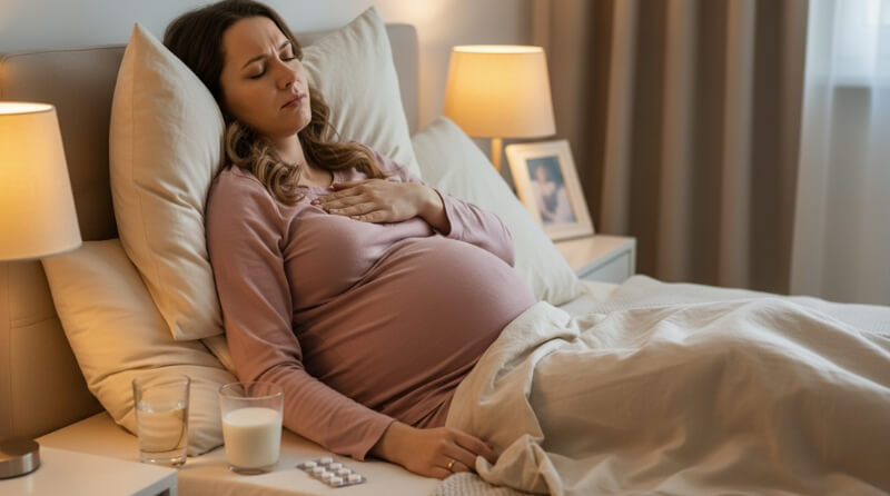 Pregnant woman experiencing heartburn and acidity with natural remedies nearby