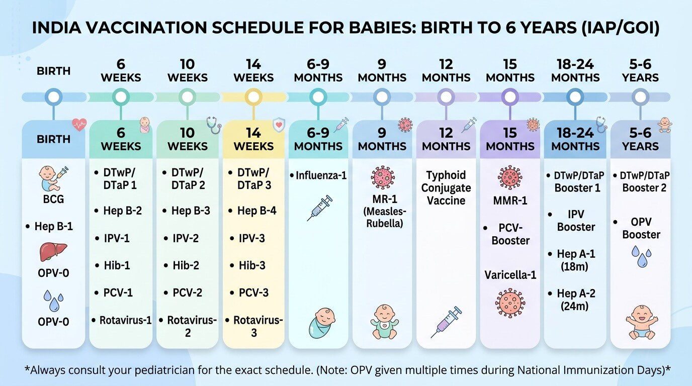 Indian baby vaccination schedule from birth to 6 years with vaccine names and timing
