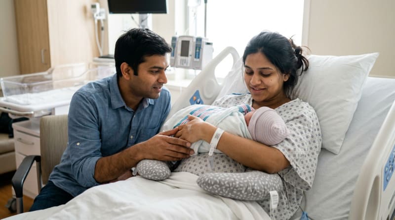 सिजेरियन डिलीवरी के बाद रिकवरी करती माँ अपने नवजात शिशु के साथ 