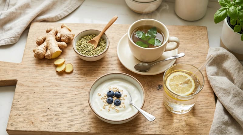 Foods that help reduce gas pain during pregnancy including ginger fennel and yogurt 
