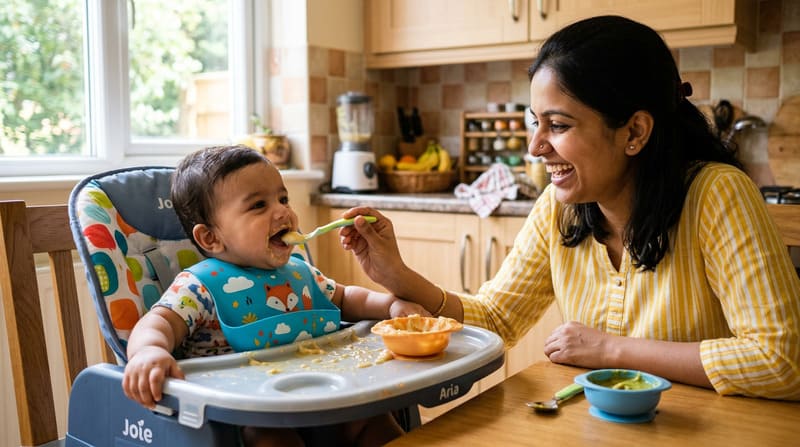 6 month old baby trying solid foods for the first time as part of developmental milestones 