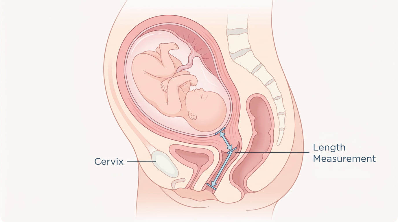 Ultrasound scan showing cervix length measurement during pregnancy, used to assess normal delivery readiness