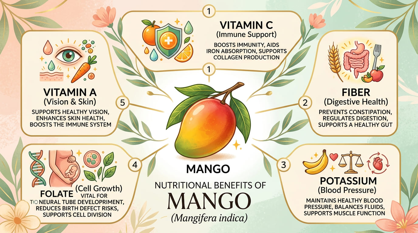 Nutritional benefits of eating mango during pregnancy including vitamins and fiber
