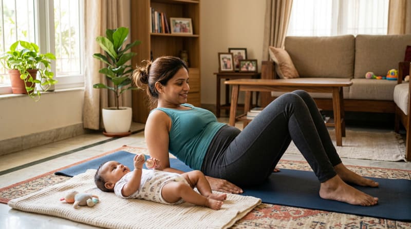 New mother doing gentle postpartum exercises after C-section for weight loss 