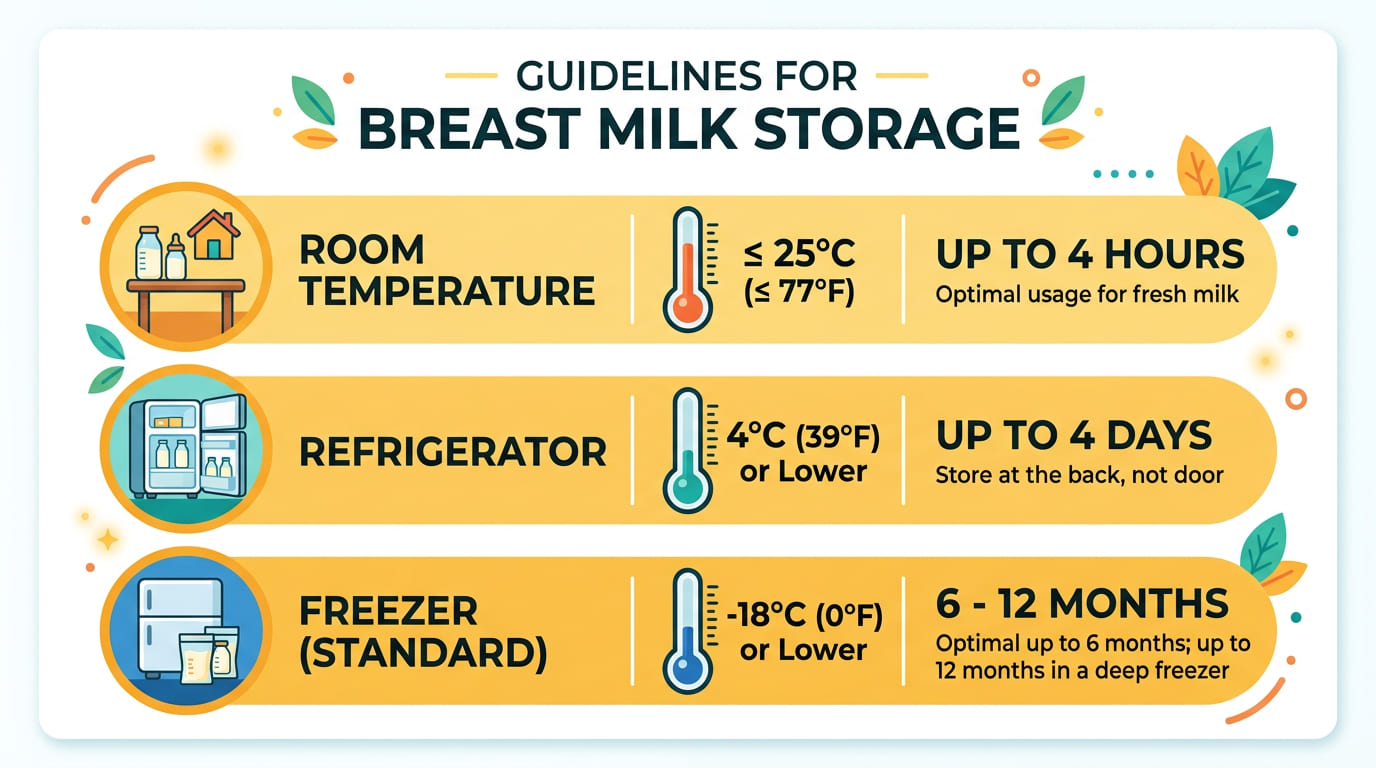 Breast milk storage time chart — room temperature, fridge, and freezer guidelines
