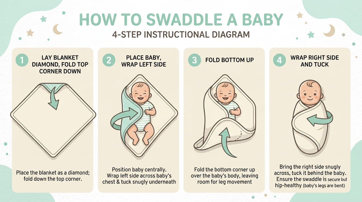 Step-by-step swaddling technique diagram for newborn babies
