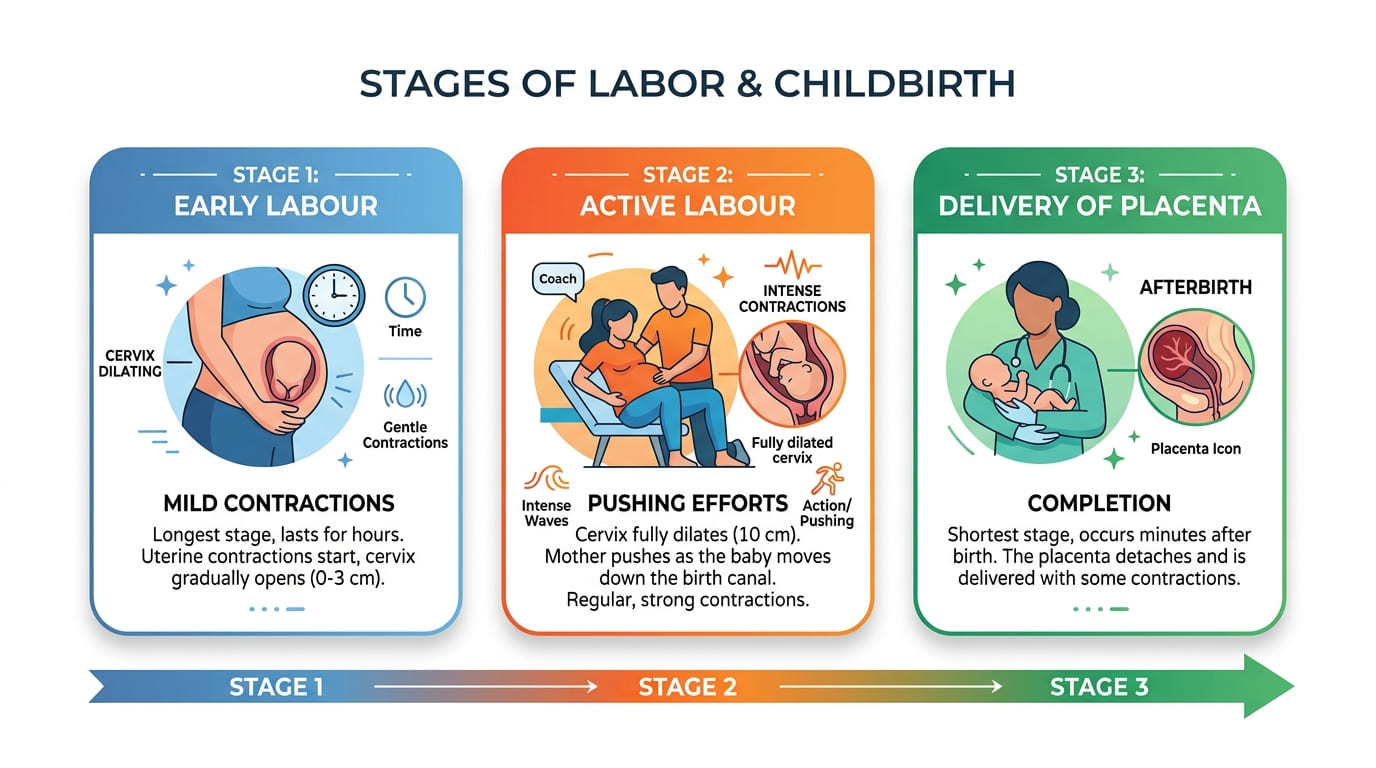 Three stages of labour explained — early labour, active labour, and delivery 