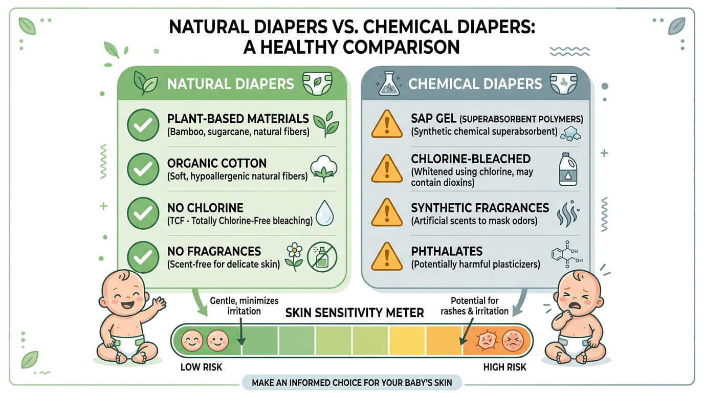 Ingredients comparison between natural and chemical diapers for baby skin safety
