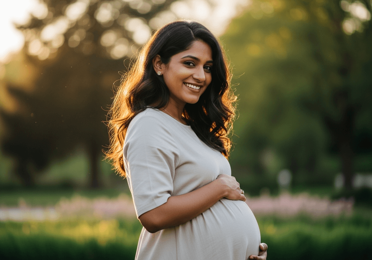 Pregnant woman in Month 4 smiling while touching her growing baby bump outdoors during second trimester.