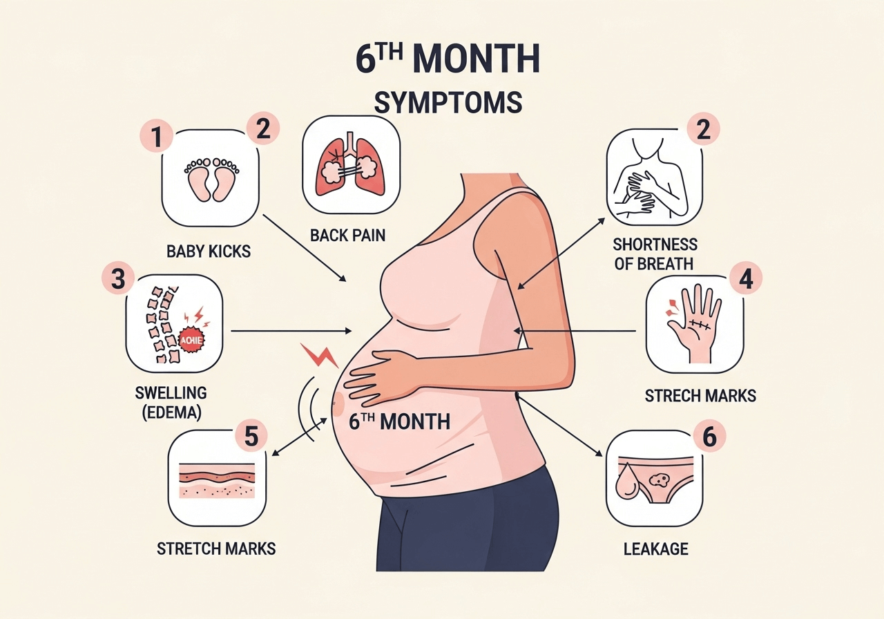 Infographic of 6th month pregnancy symptoms including baby kicks, swelling, back pain, and <a href=