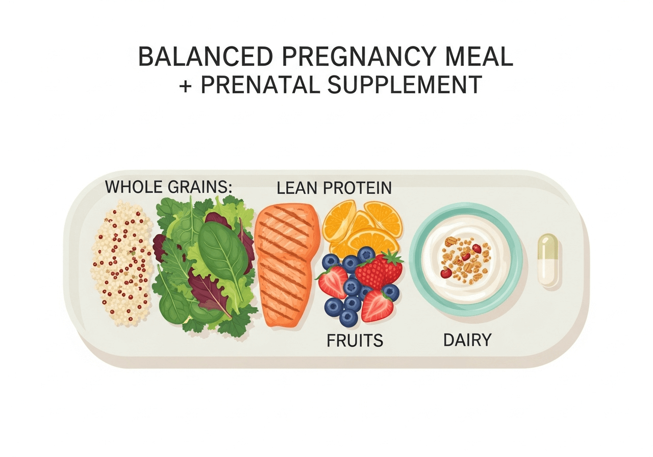 Nutritious plate with grains, fruit, protein, and prenatal supplements for Month 2 pregnancy.
