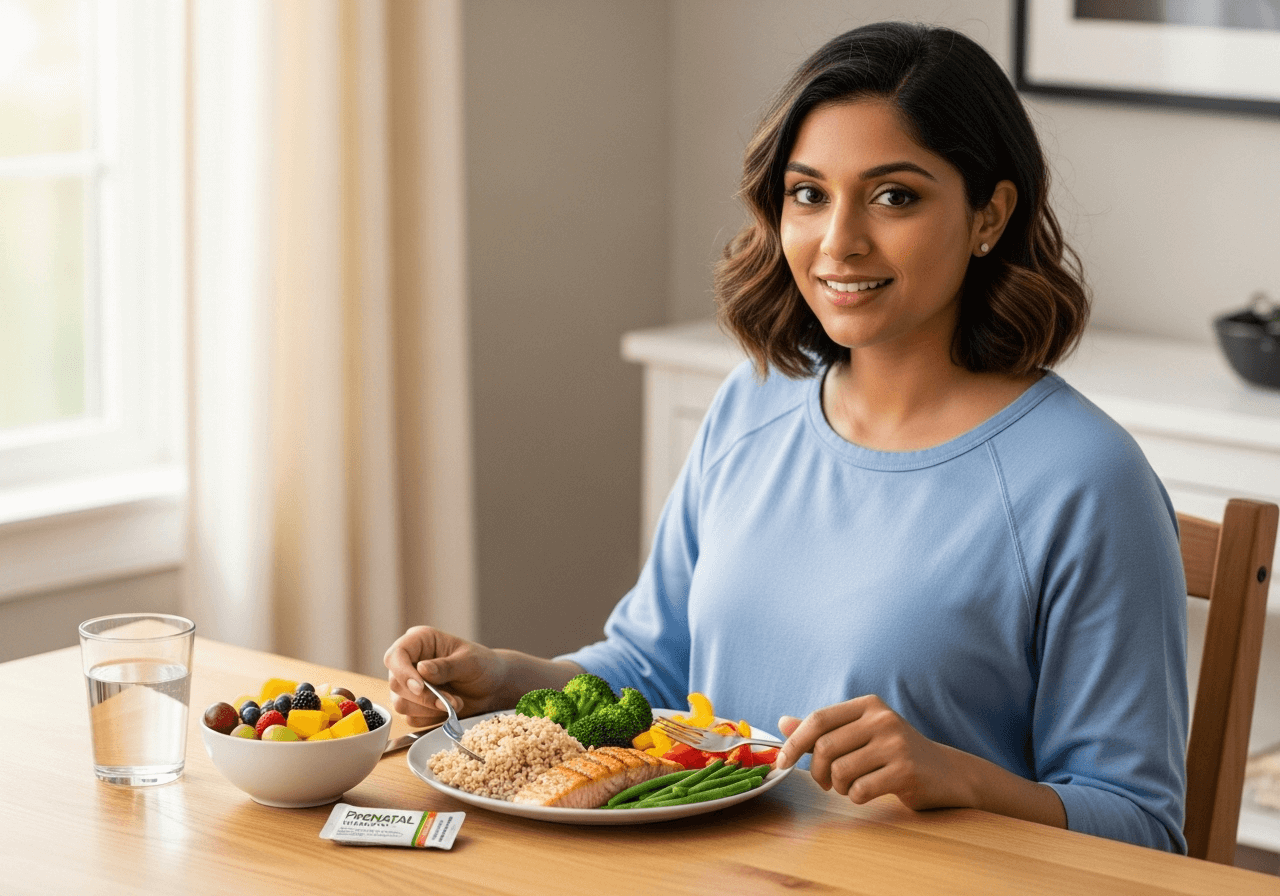 Pregnant woman at 5 months eating balanced nutrition with <a href=