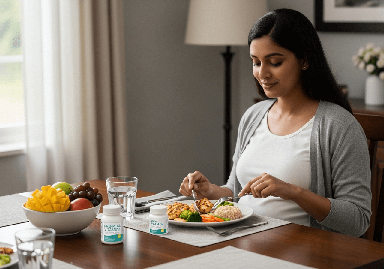 Pregnant woman at 8 months eating a healthy meal with water and <a href=